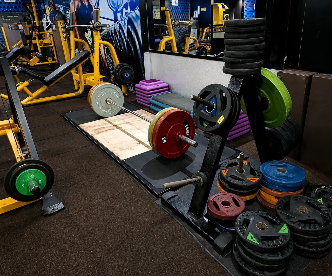 Oceanic Gym deadlift platform, barbells and weight plates